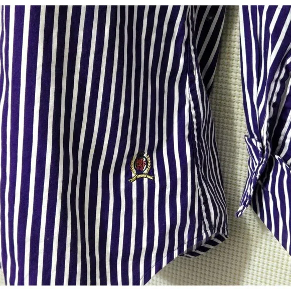 Tommy Hilfiger Button Up Shirt Womens 10 Purple White Striped Velvet LinedCollar - Picture 4 of 10